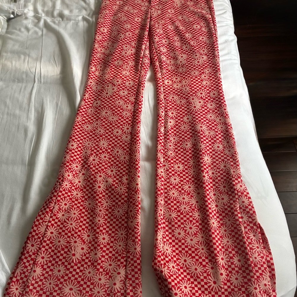 Zara Red and Cream Floral Wide-Leg Pants